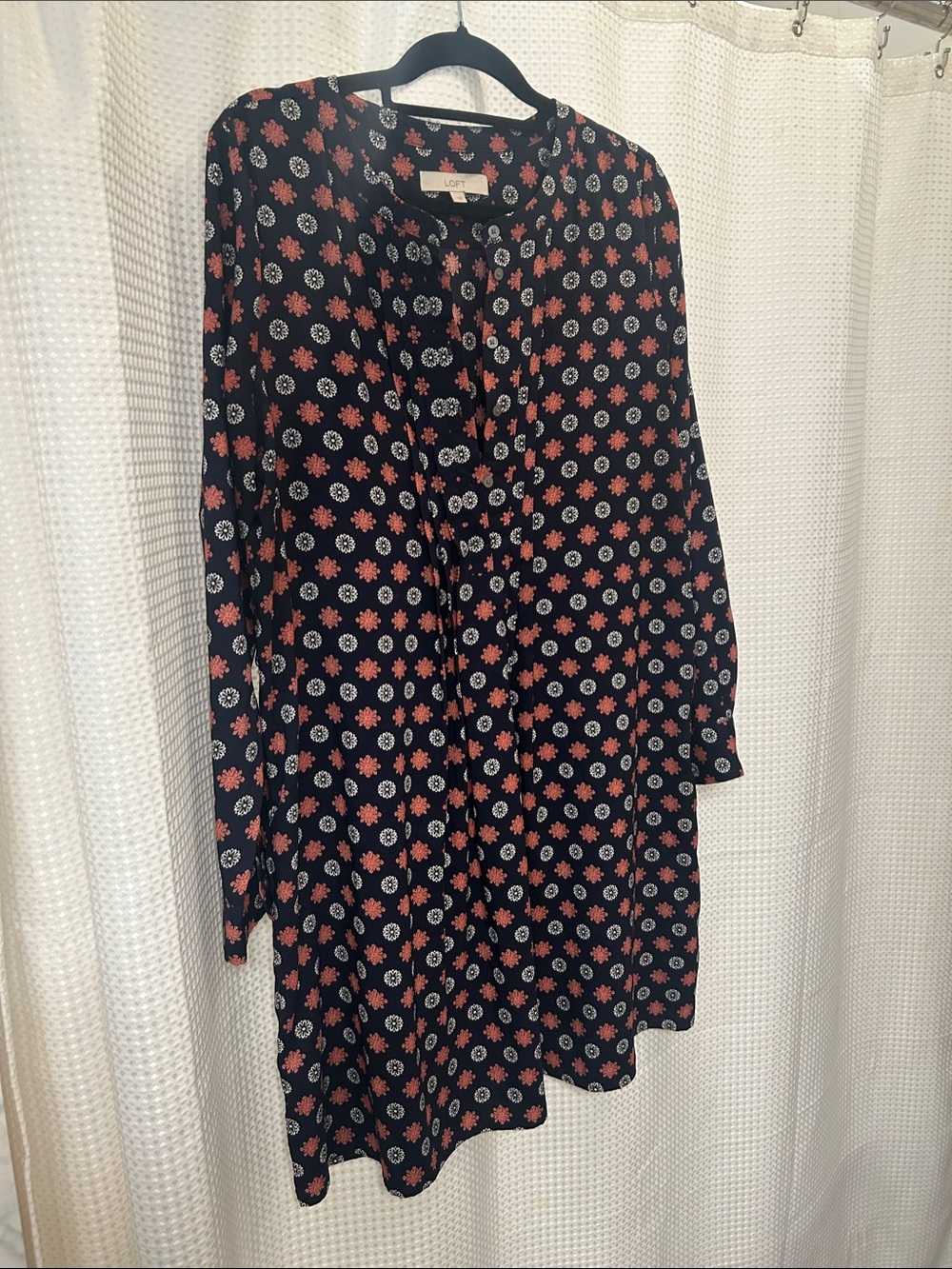 LOFT Black Midi Dress with Coral and White Floral Dots
